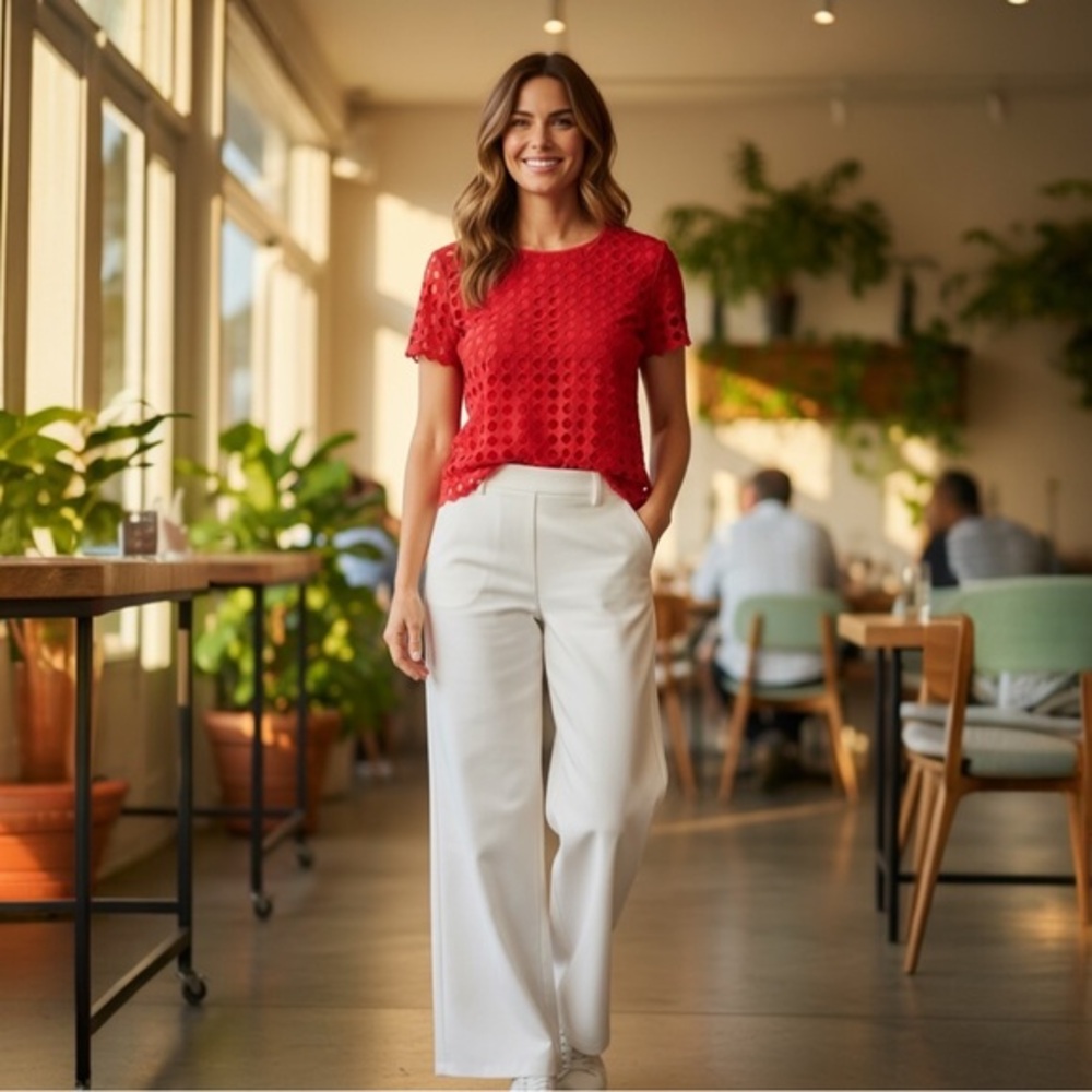 TORY BURCH RED ORANGE EYELET HERMOSA TOP SZ S